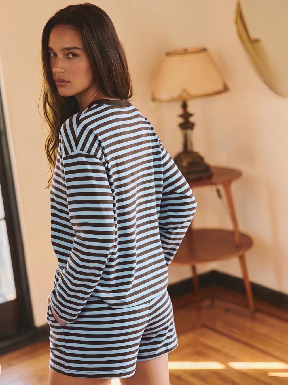 Striped Long Sleeve Top & Shorts Set - Light Blue & Brown